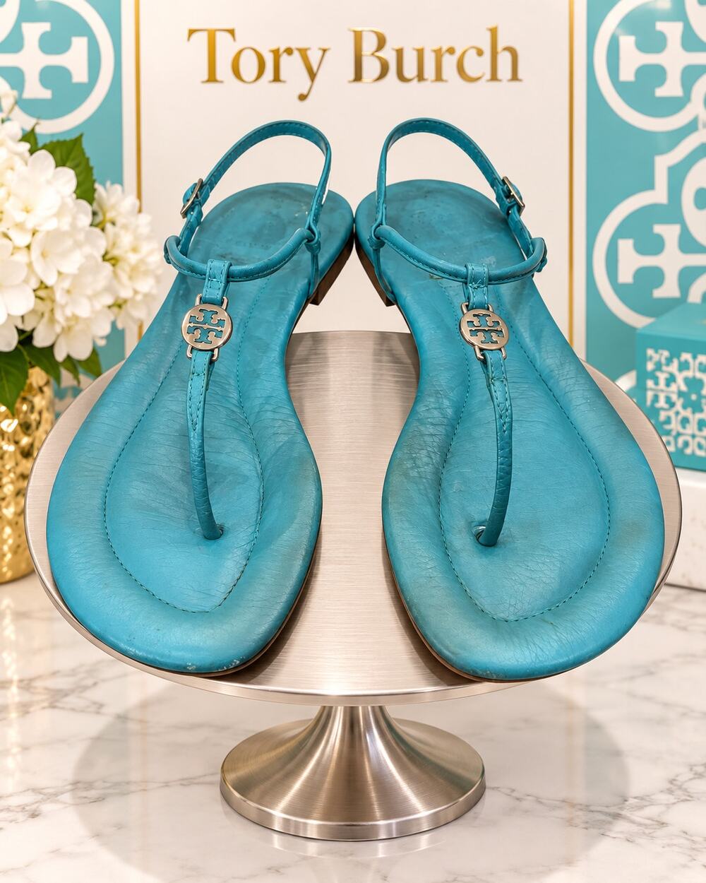 Tory Burch Emmy Turquoise Leather T-Strap Sandals Size 7.5M
